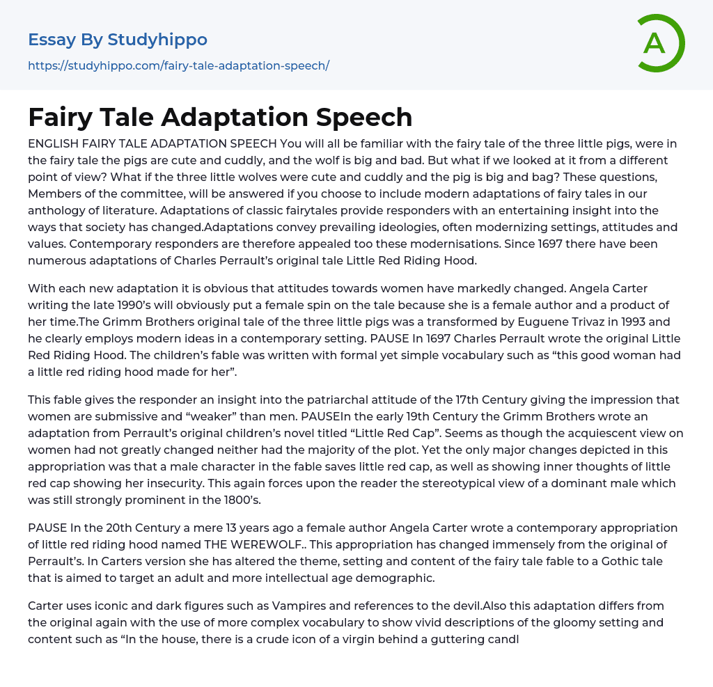 Fairy Tale Adaptation Speech Essay Example
