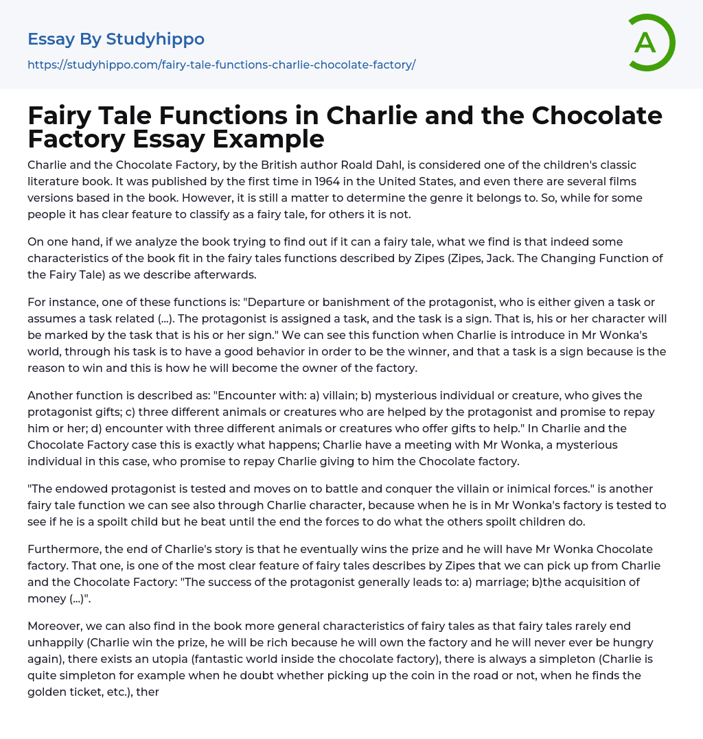 Fairy Tale Functions in Charlie and the Chocolate Factory Essay Example