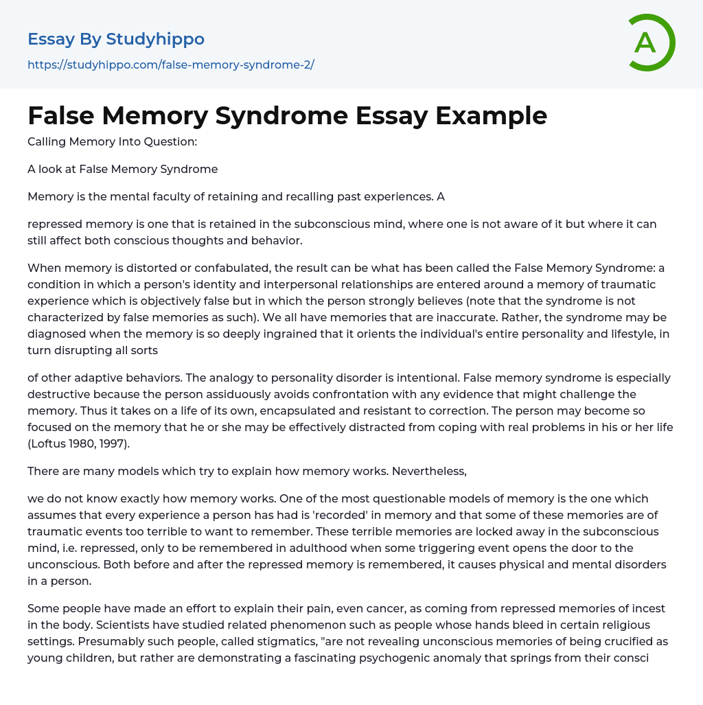 False Memory Syndrome Essay Example