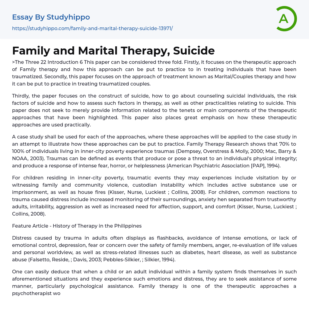 Family and Marital Therapy, Suicide Essay Example