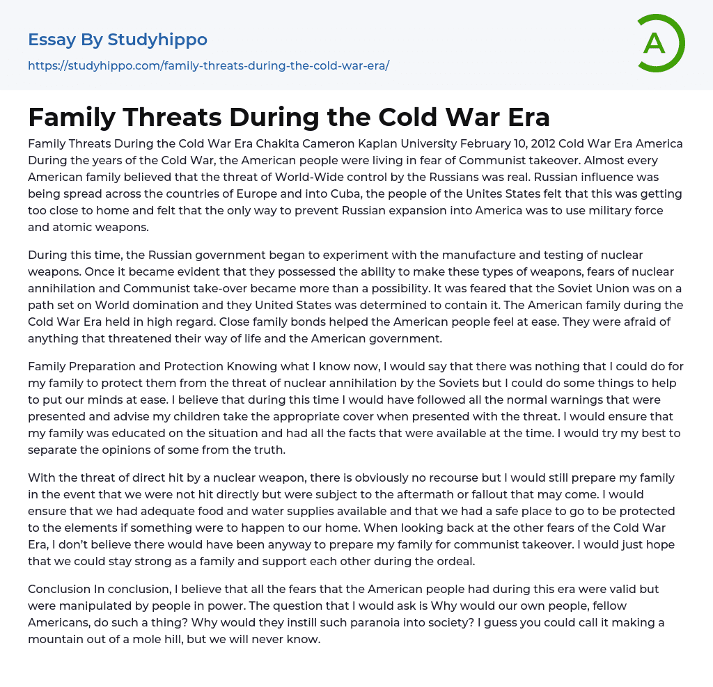 Family Threats During the Cold War Era Essay Example