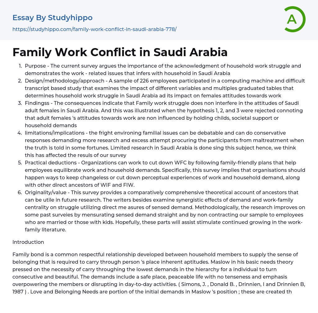 Family Work Conflict in Saudi Arabia Essay Example