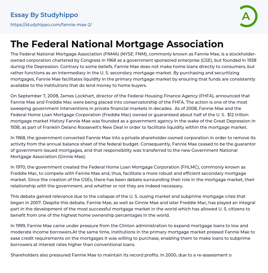The Federal National Mortgage Association Essay Example