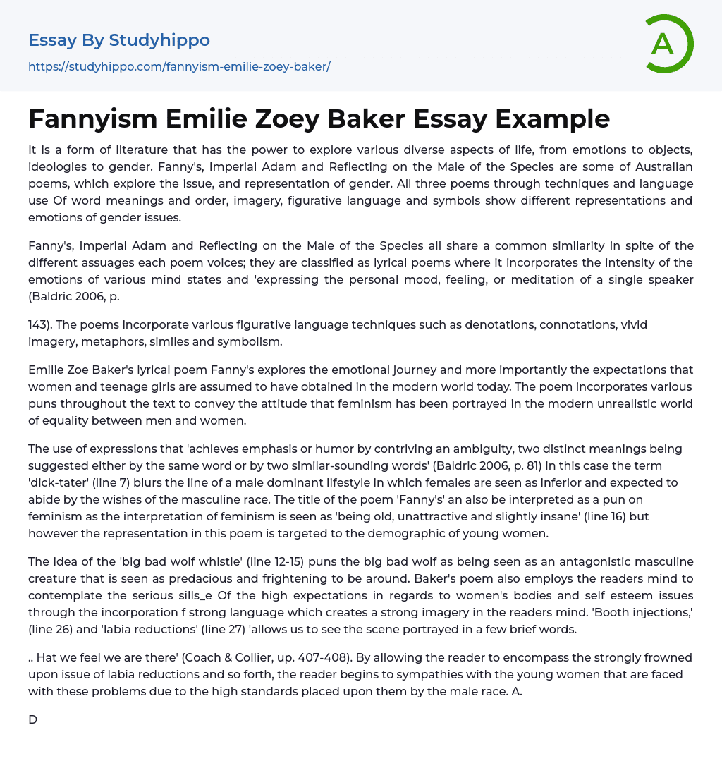 Fannyism Emilie Zoey Baker Essay Example