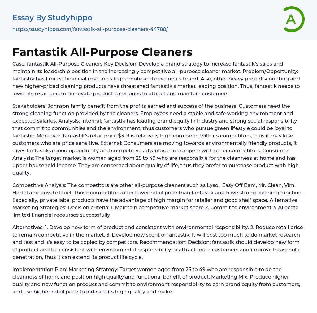 Fantastik All-Purpose Cleaners Essay Example