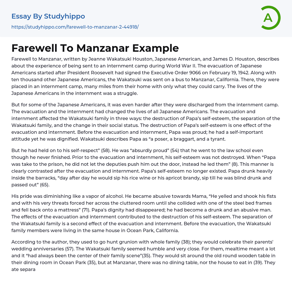 Farewell To Manzanar Example Essay Example