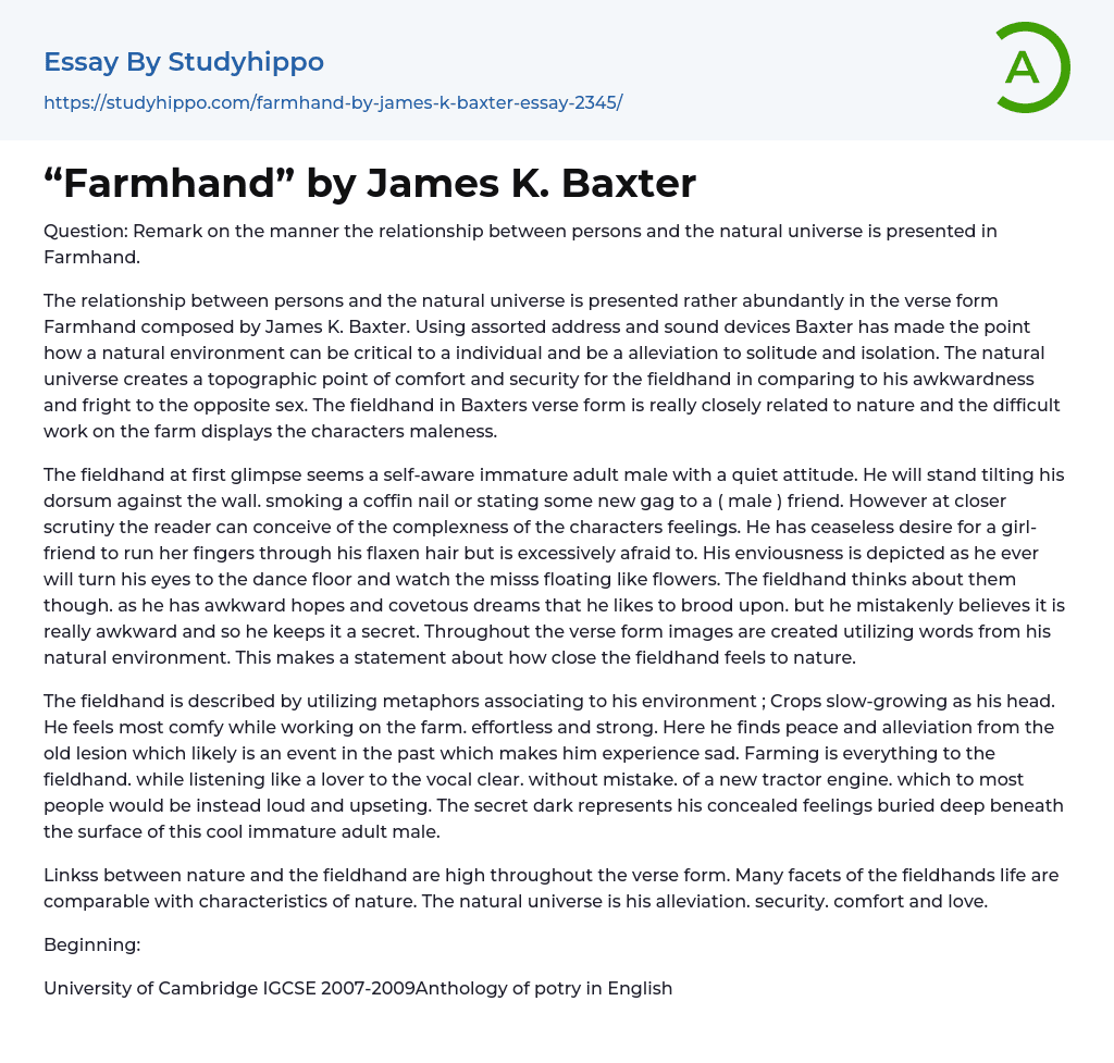 “Farmhand” by James K. Baxter Essay Example