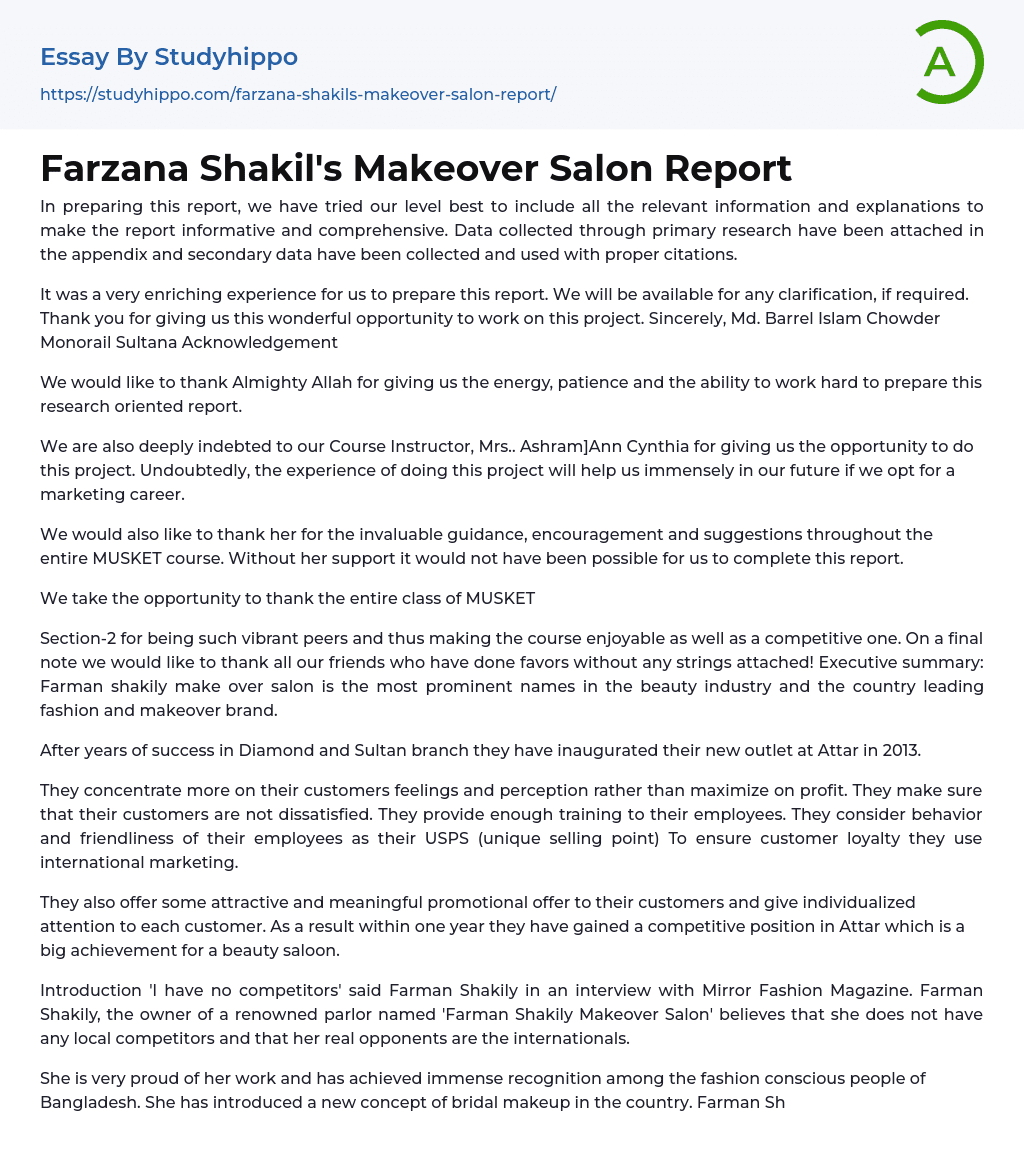 Farzana Shakil’s Makeover Salon Report Essay Example