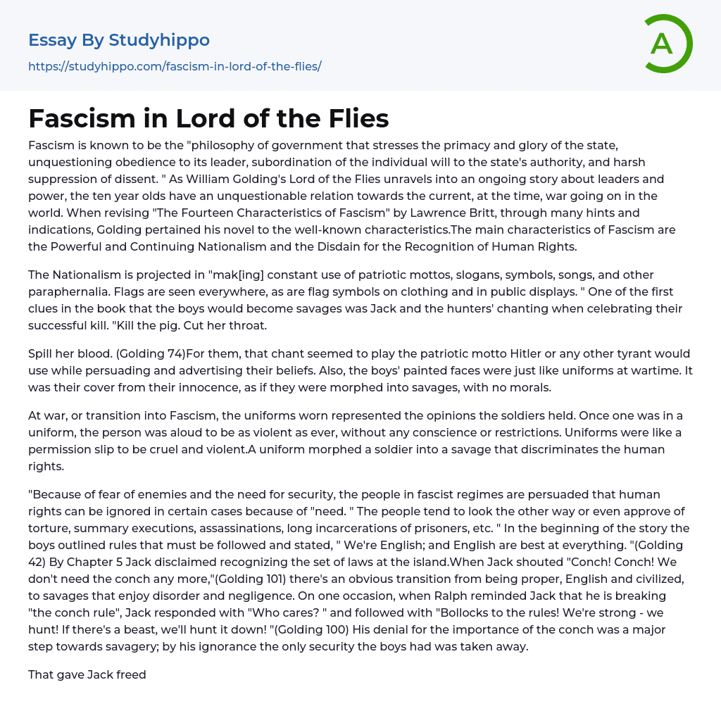 Fascism in Lord of the Flies Essay Example