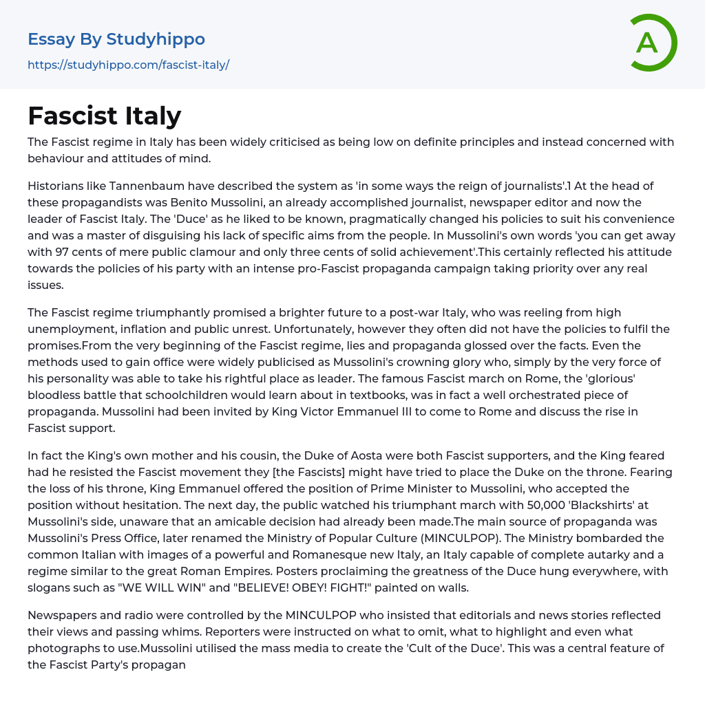 Fascist Italy Essay Example