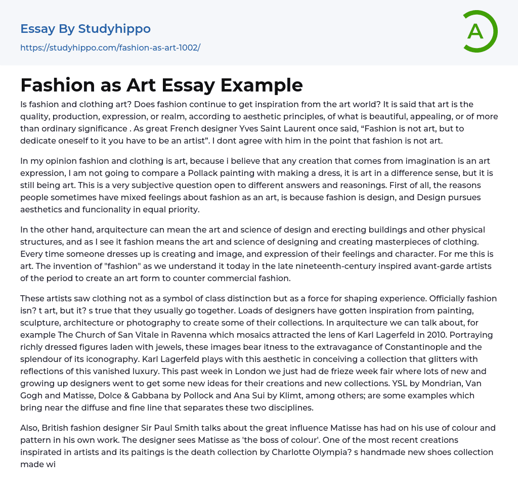Fashion as Art Essay Example