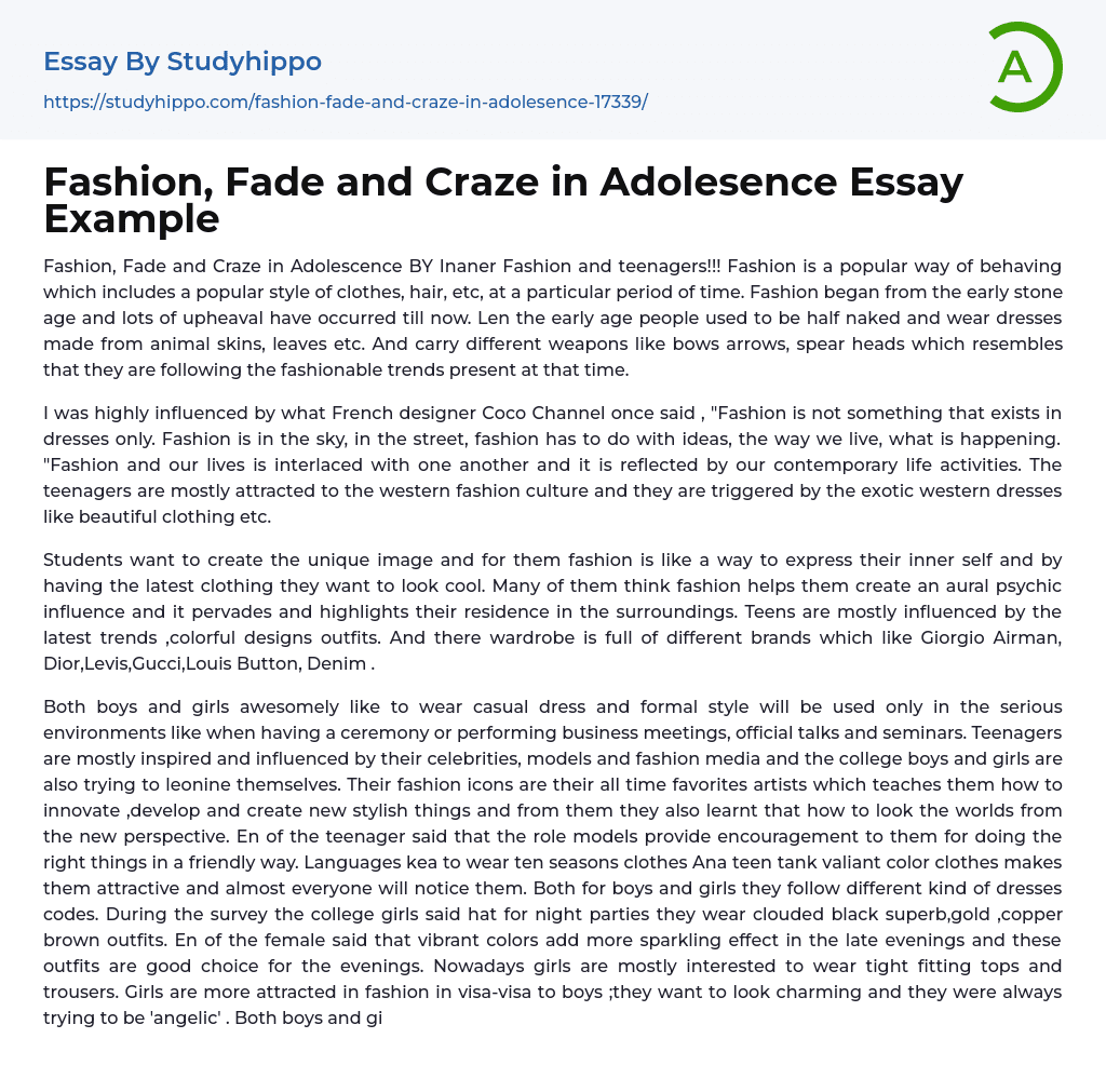 Fashion, Fade and Craze in Adolesence Essay Example