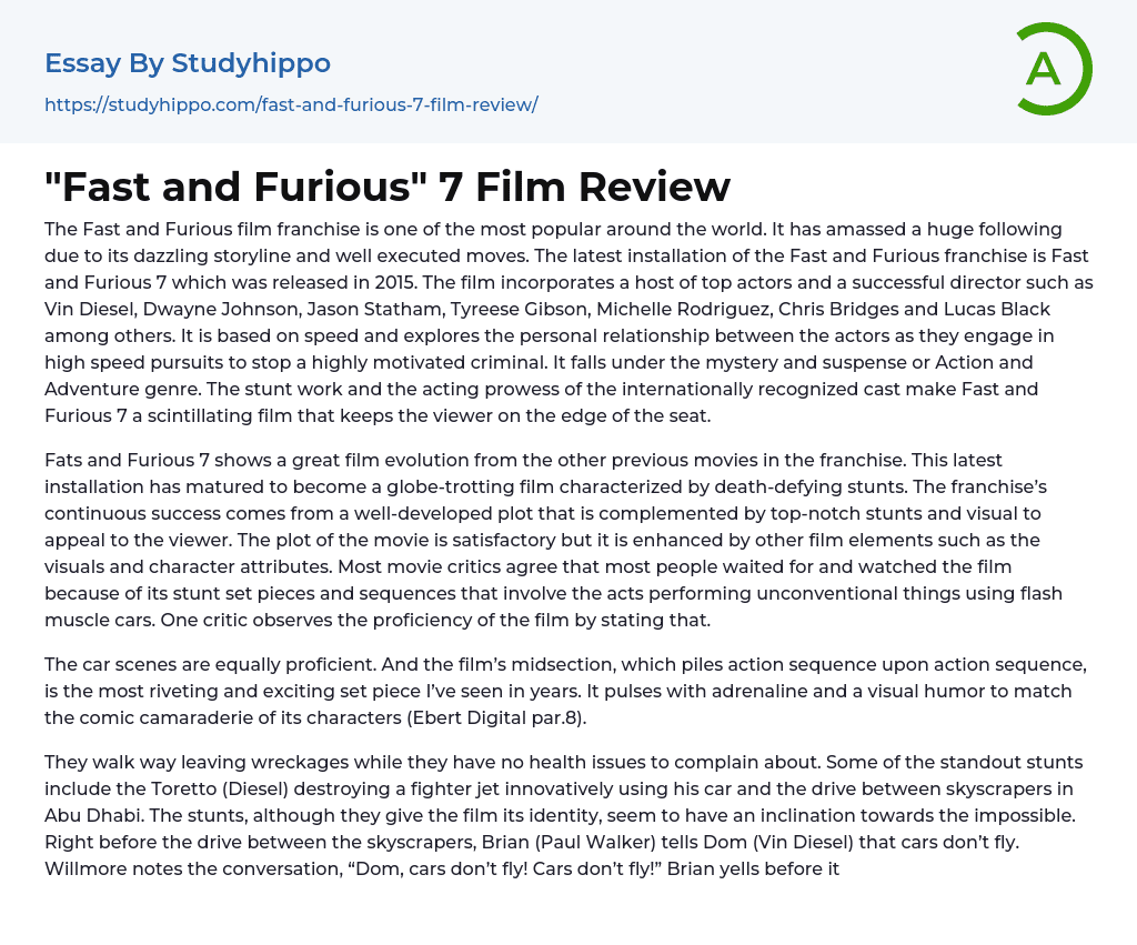 “Fast and Furious” 7 Film Review Essay Example
