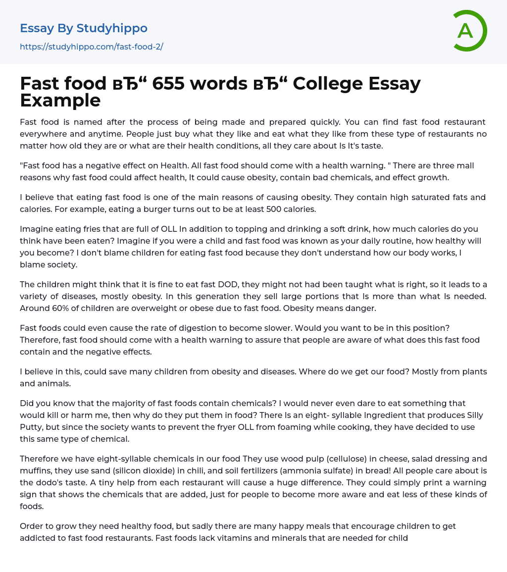 Fast food 655 words College Essay Example