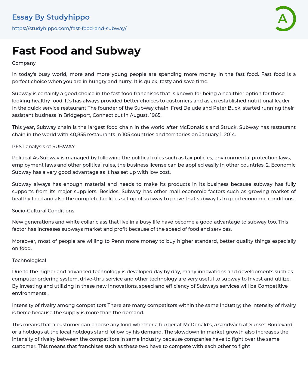 Fast Food and Subway Essay Example