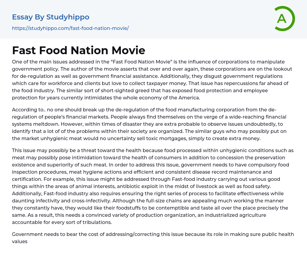 Fast Food Nation Movie Essay Example