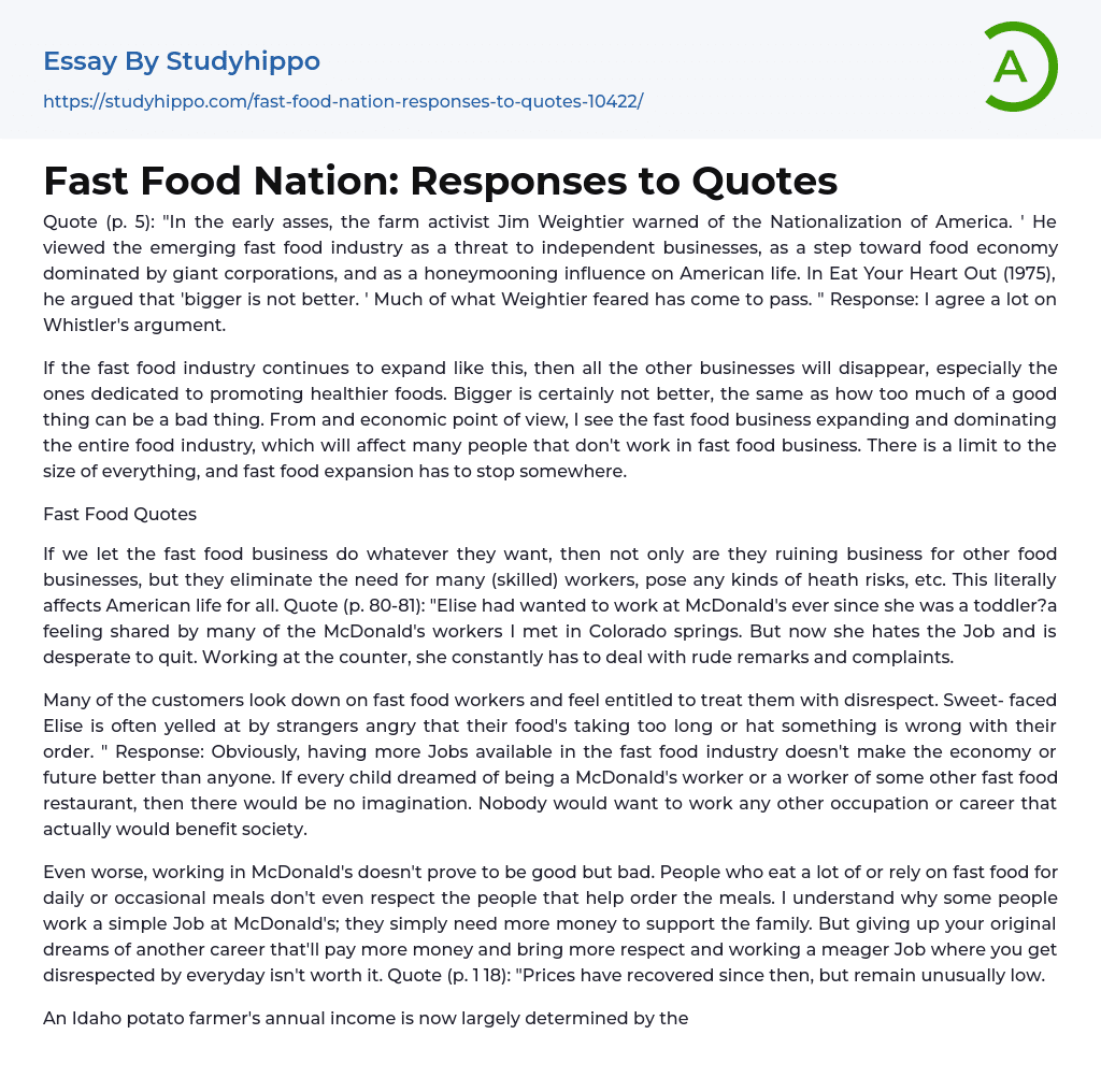 Fast Food Nation: Responses to Quotes Essay Example