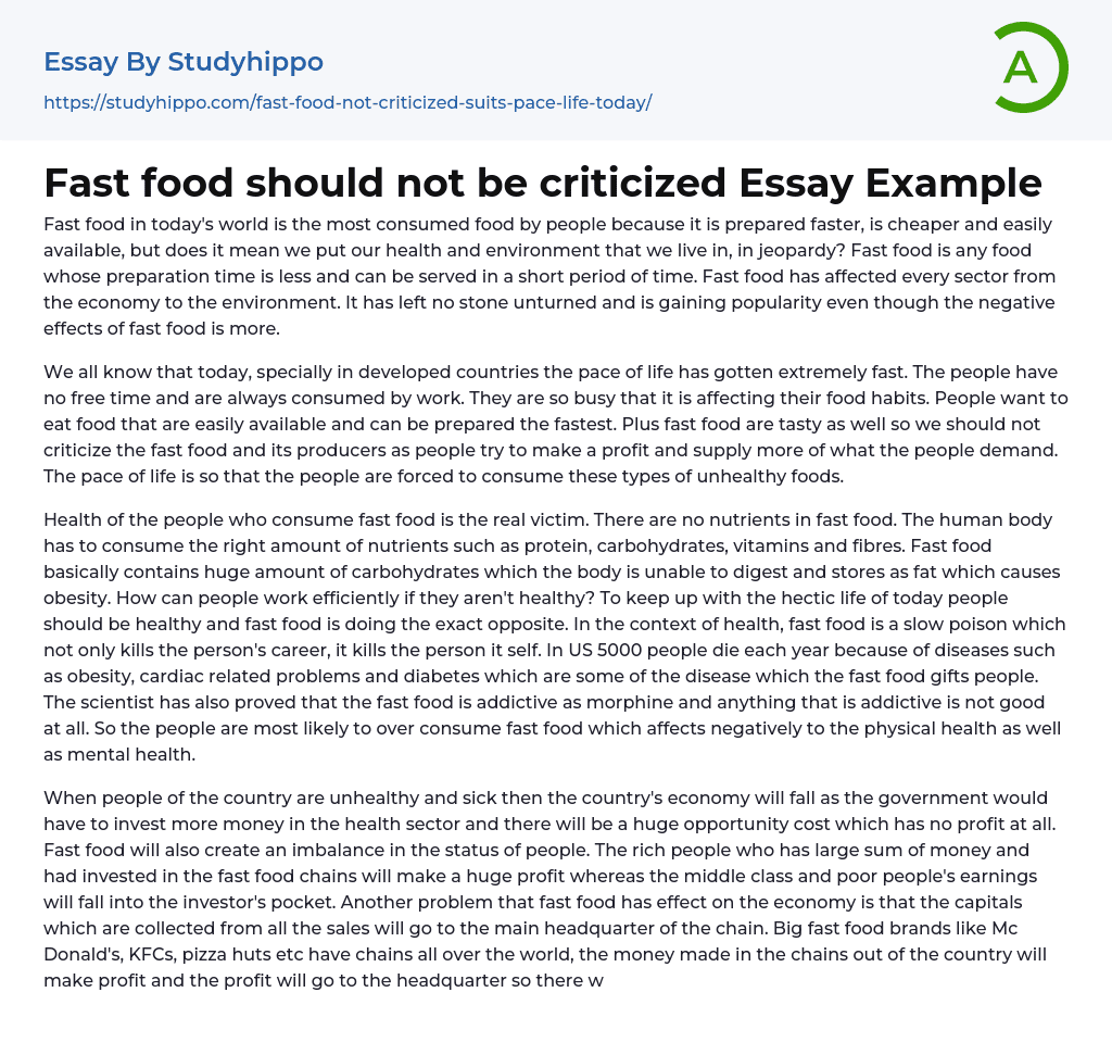 Fast food should not be criticized Essay Example