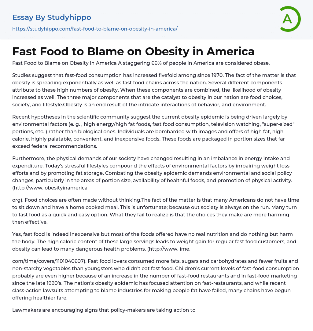 Fast Food to Blame on Obesity in America Essay Example