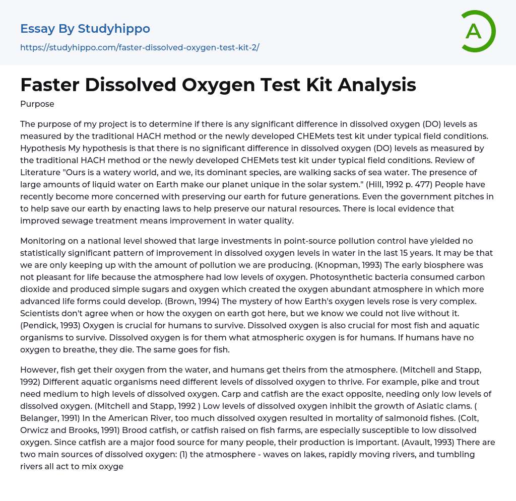 Faster Dissolved Oxygen Test Kit Analysis Essay Example