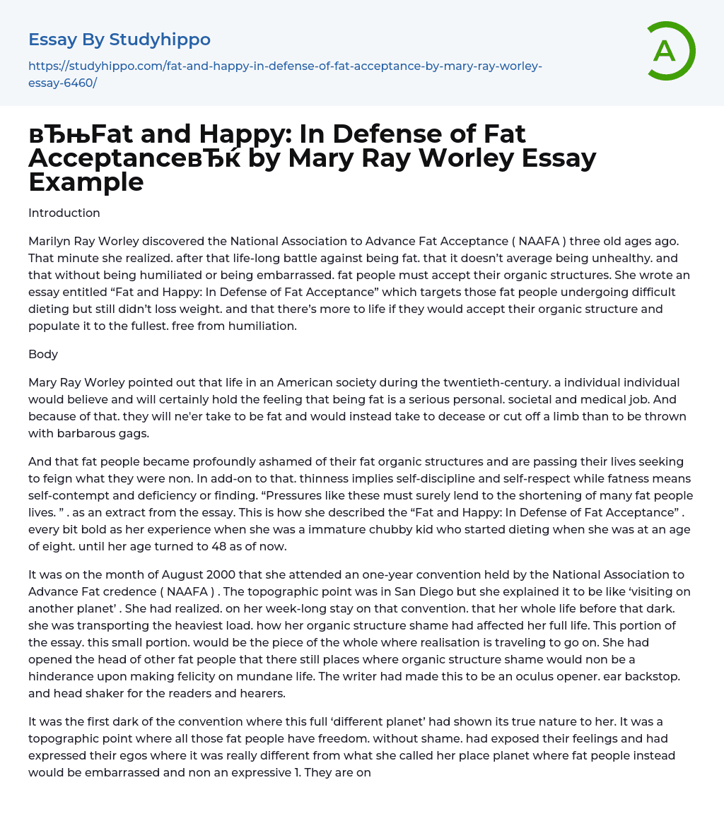 вЂњFat and Happy: In Defense of Fat AcceptanceвЂќ by Mary Ray Worley Essay Example