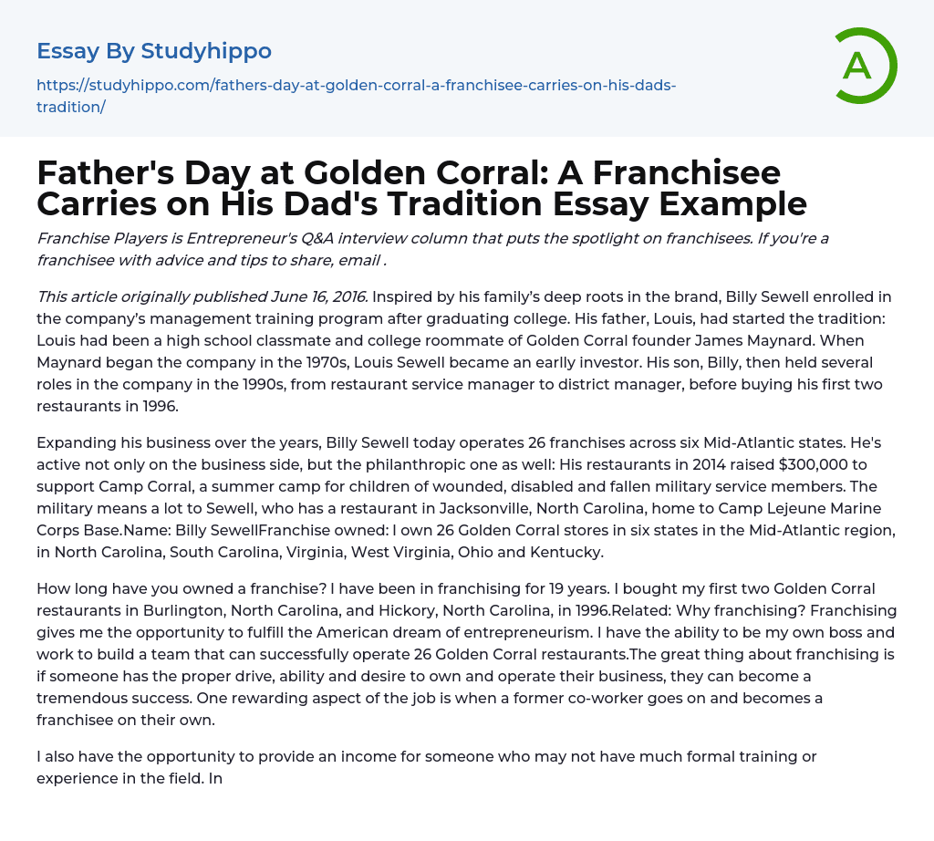 Father’s Day at Golden Corral: A Franchisee Carries on His Dad’s Tradition Essay Example