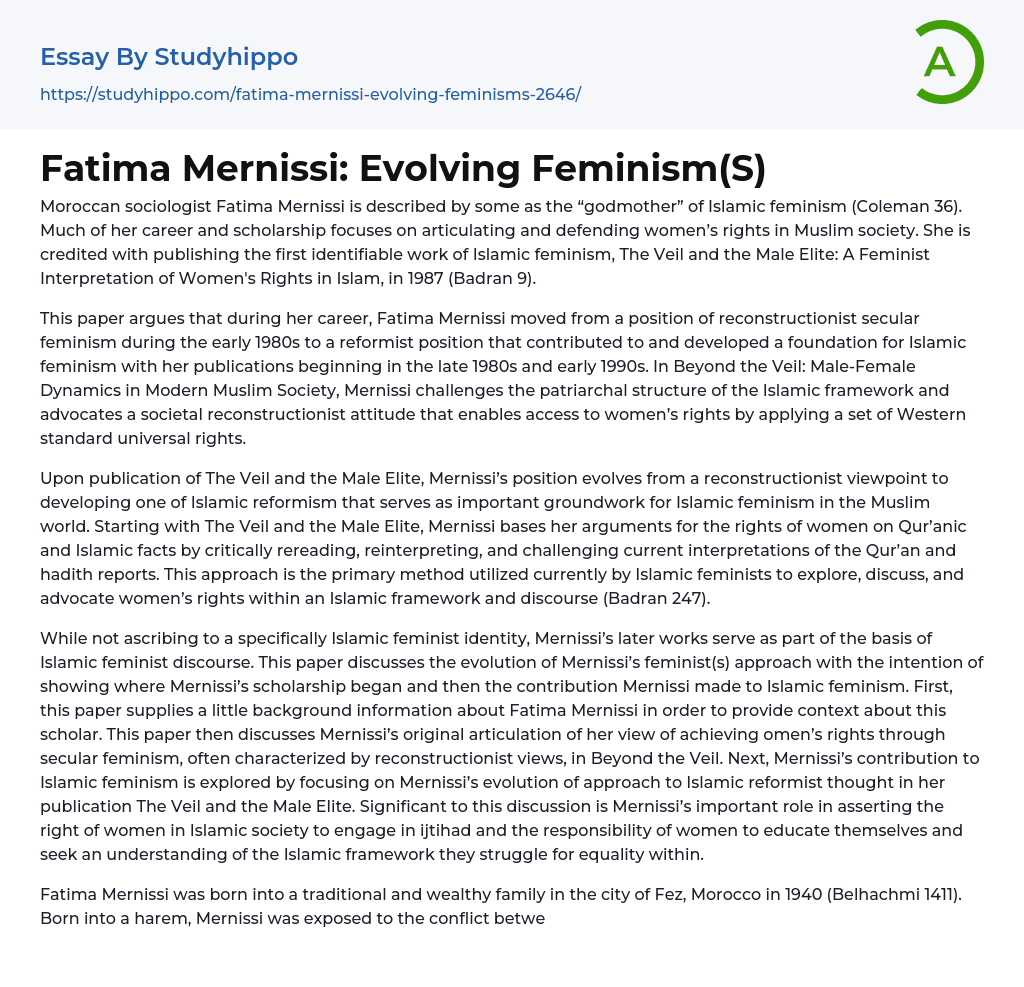 Fatima Mernissi: Evolving Feminism(S) Essay Example