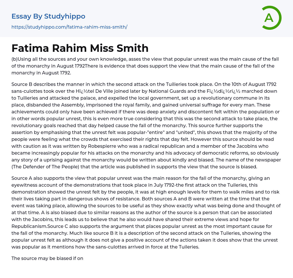 Fatima Rahim Miss Smith Essay Example