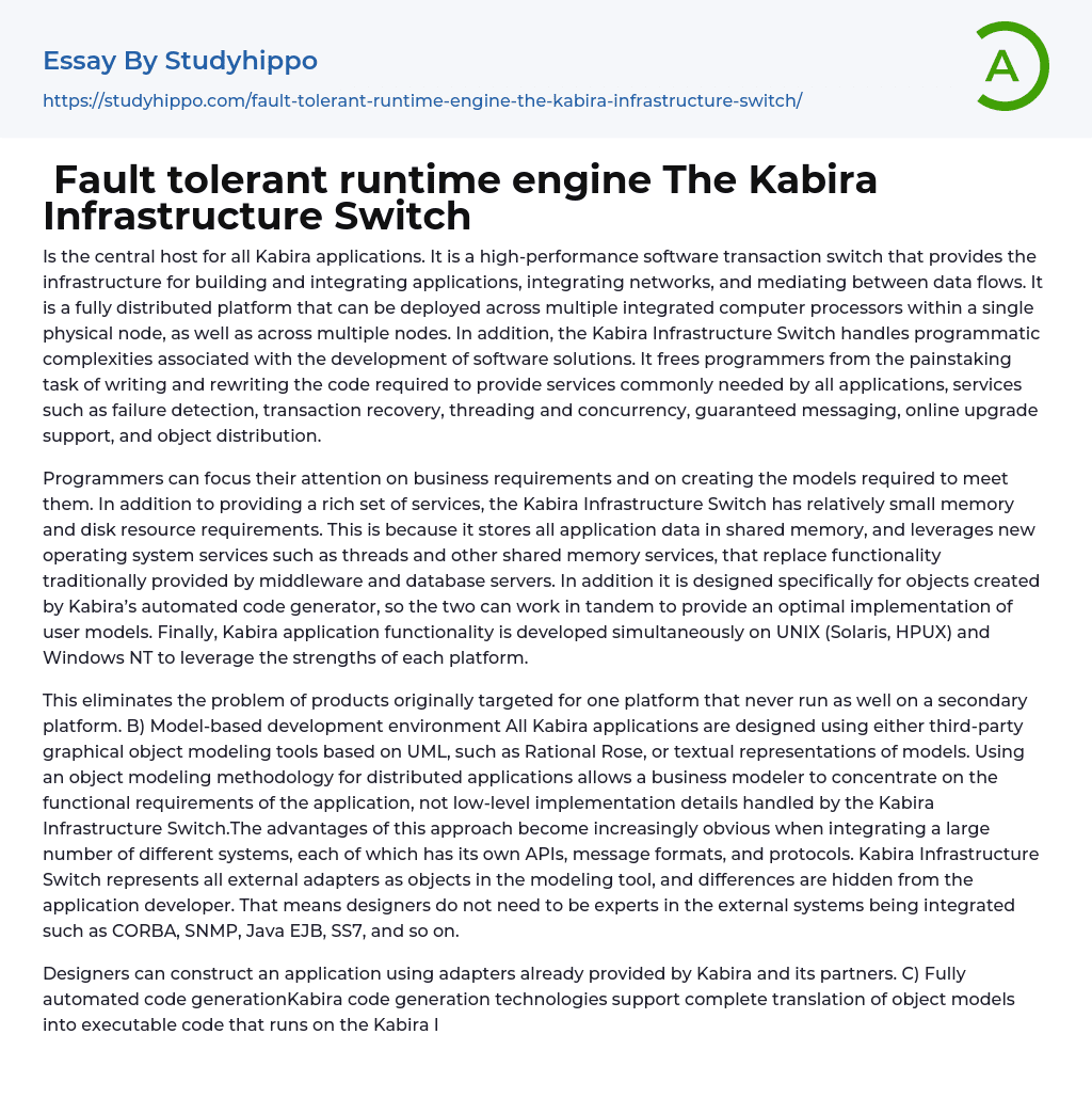 Fault tolerant runtime engine The Kabira Infrastructure Switch Essay Example