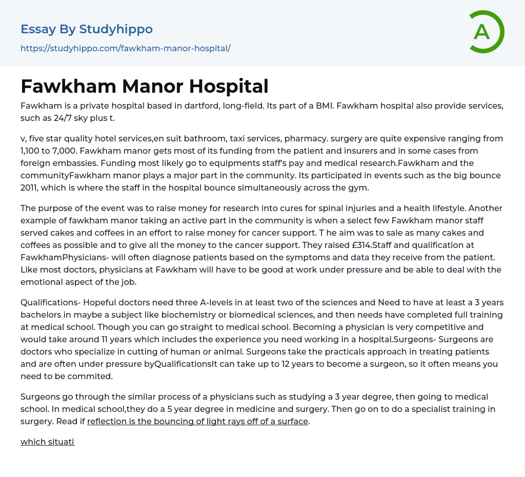 Fawkham Manor Hospital Essay Example