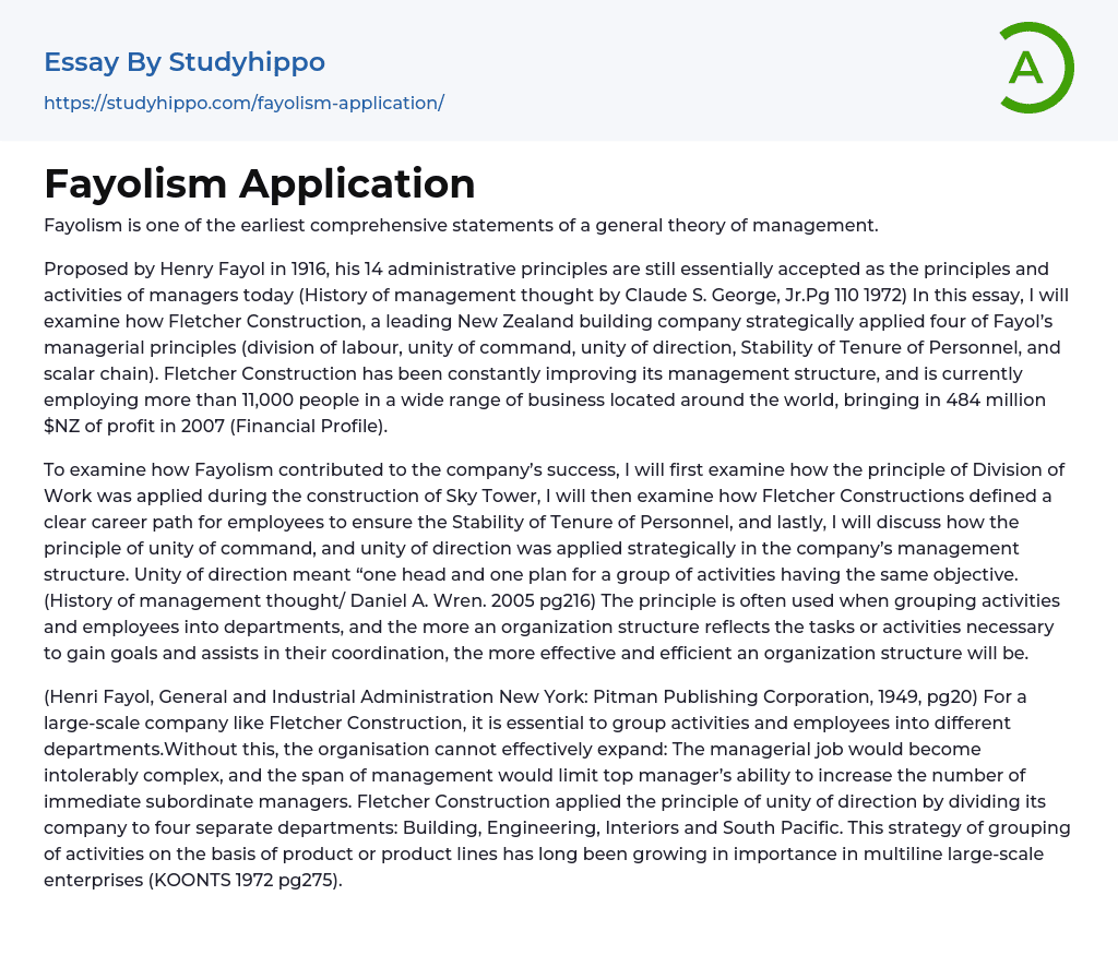 Fayolism Application Essay Example