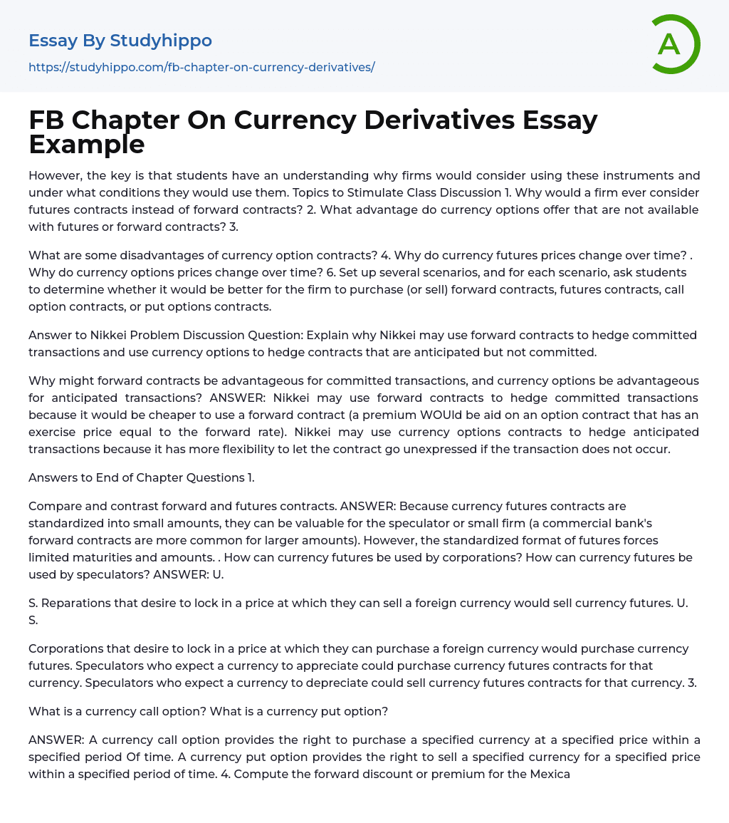 FB Chapter On Currency Derivatives Essay Example