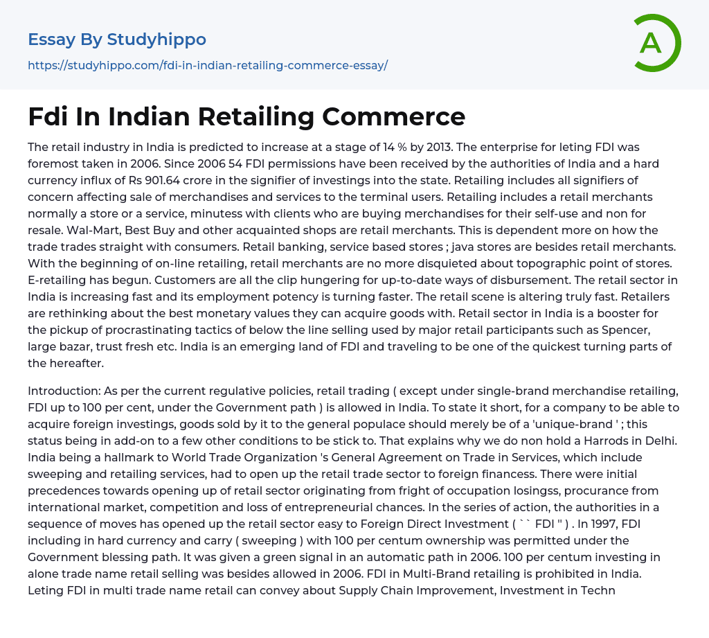 Fdi In Indian Retailing Commerce Essay Example