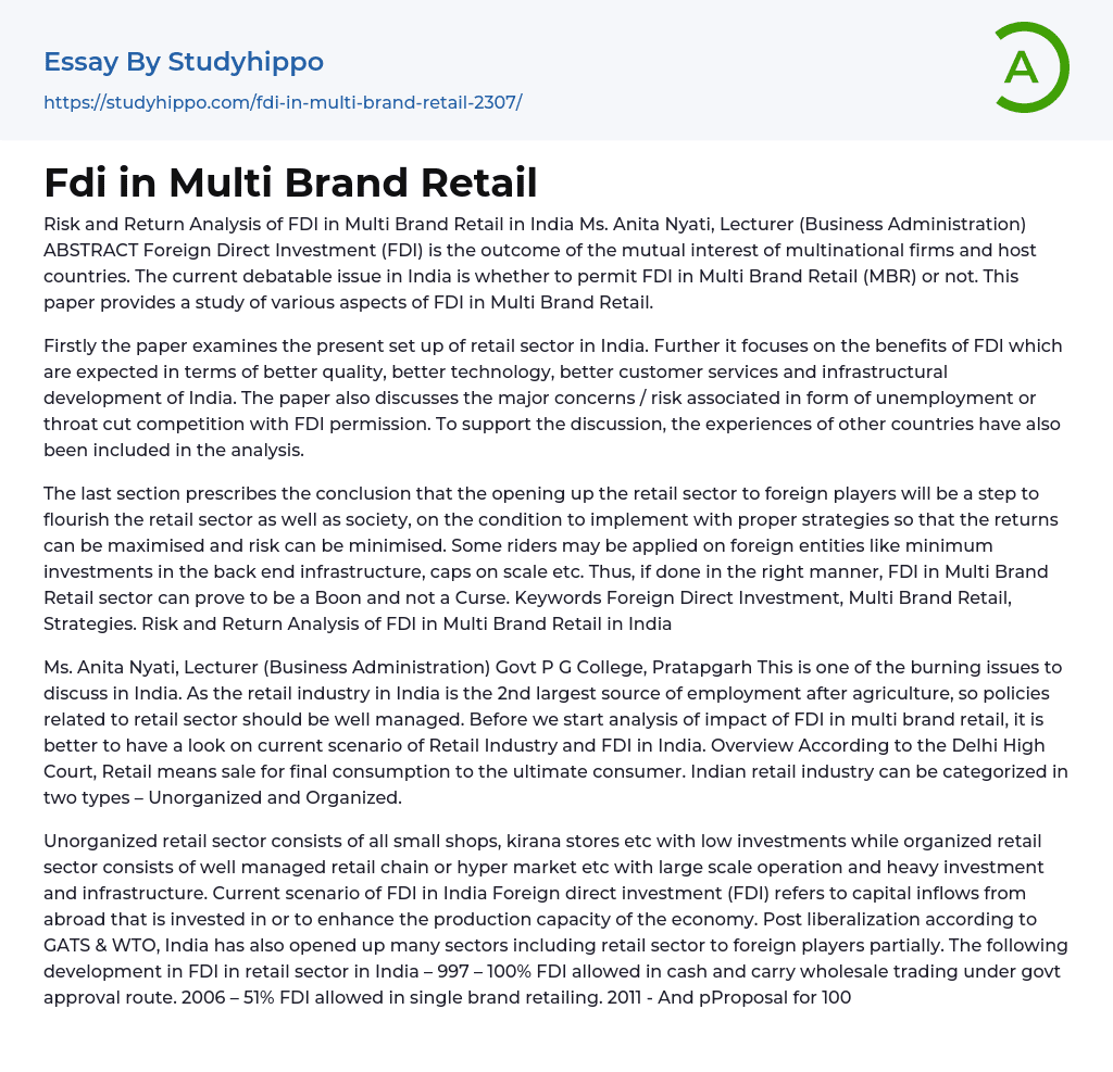 Fdi in Multi Brand Retail Essay Example