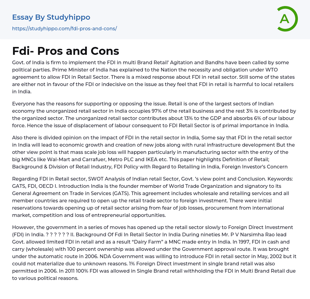 Fdi- Pros and Cons Essay Example