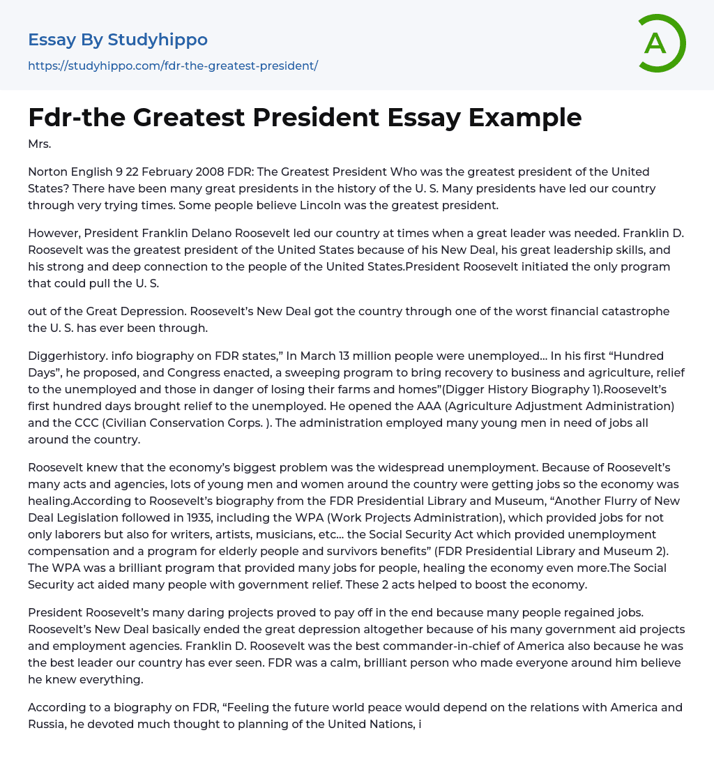 FDR: The Greatest President Essay Example