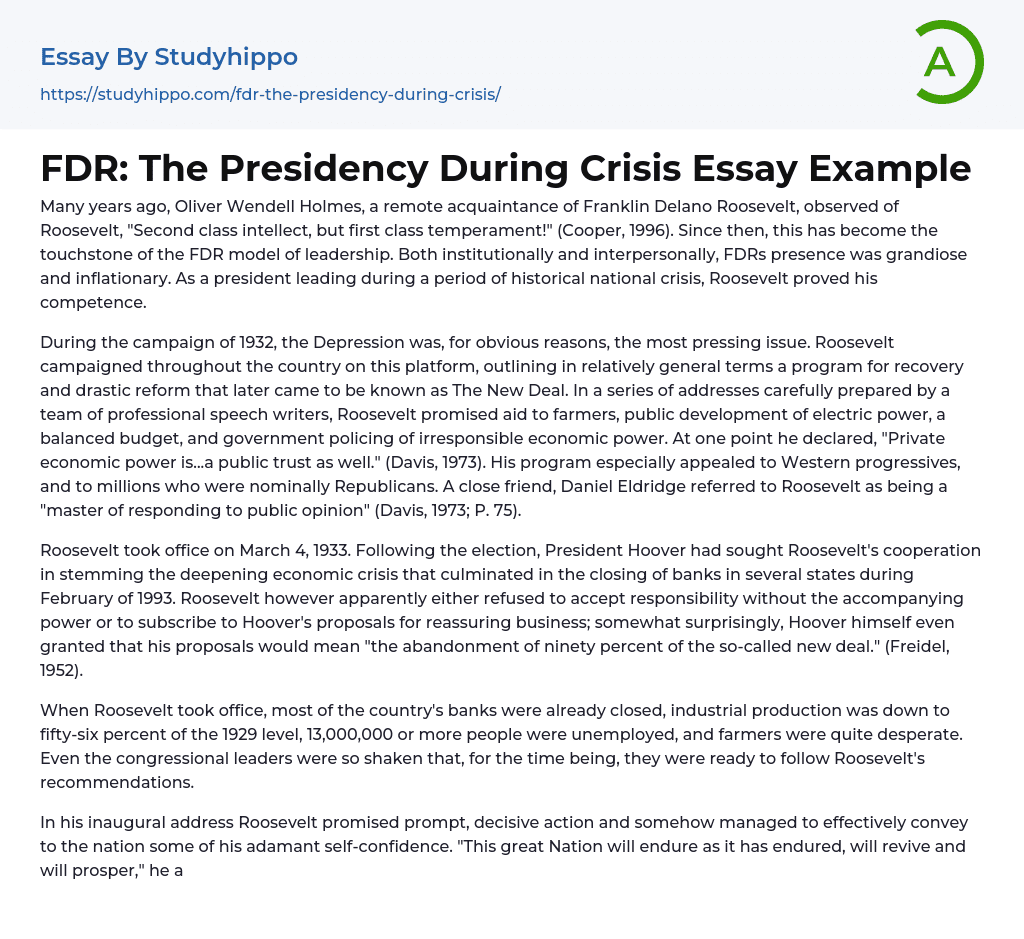 FDR: The Presidency During Crisis Essay Example