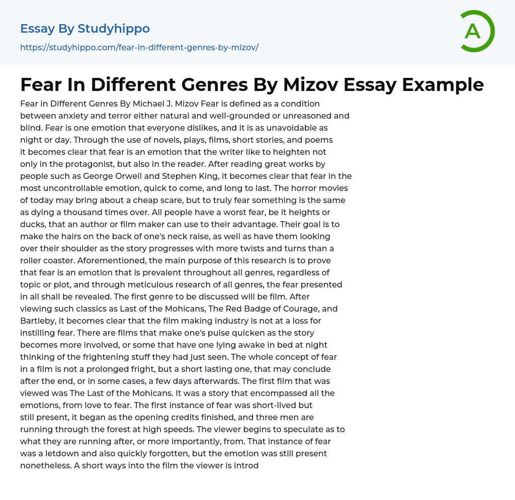 Fear In Different Genres By Mizov Essay Example