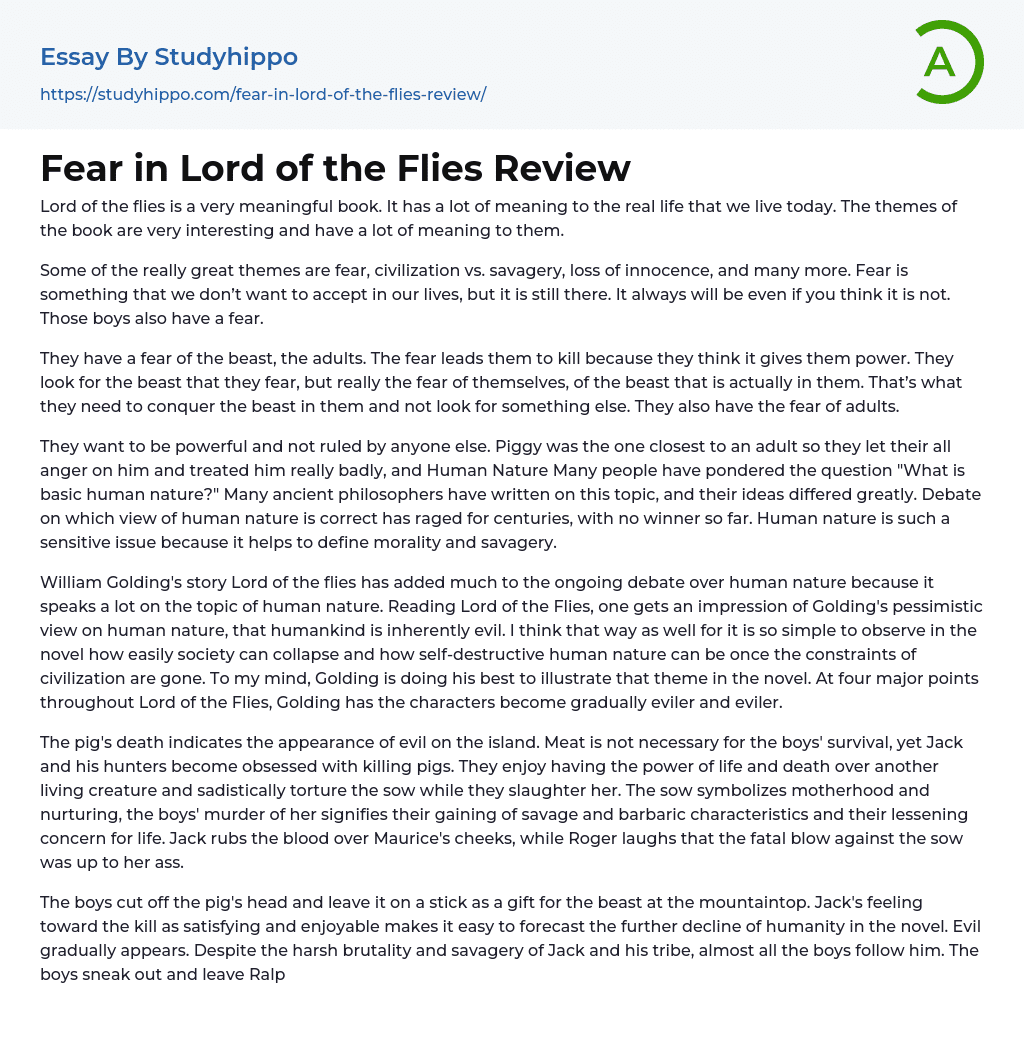 Fear in Lord of the Flies Review Essay Example
