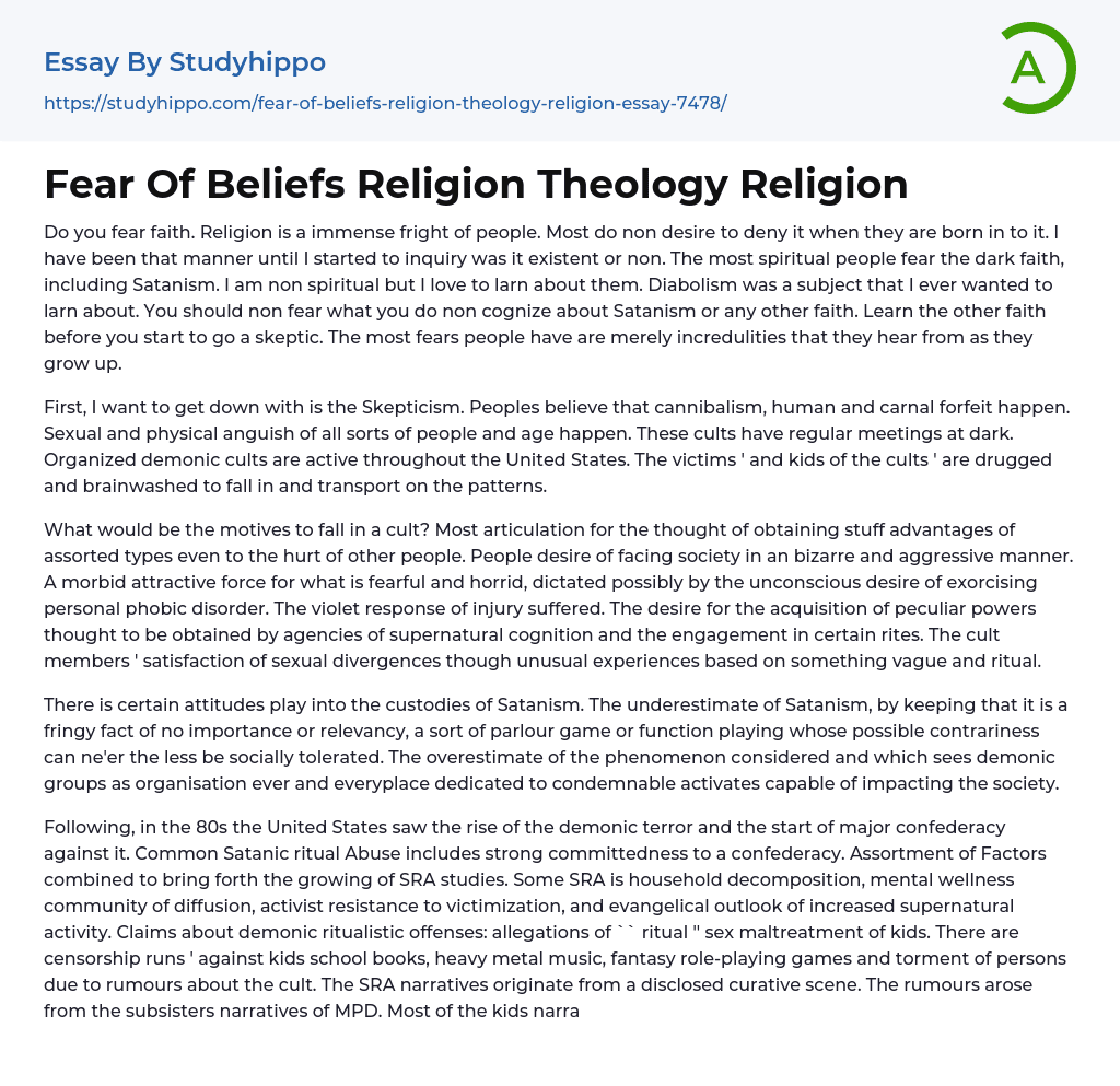 Fear Of Beliefs Religion Theology Religion Essay Example