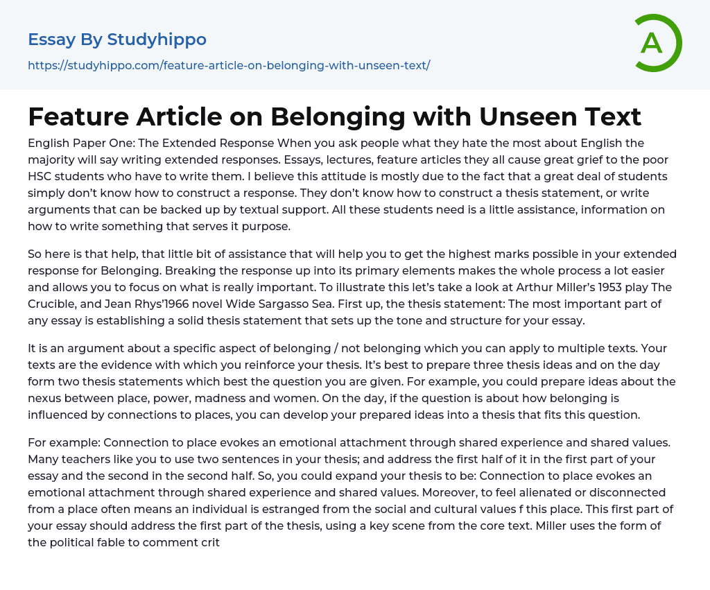 Feature Article on Belonging with Unseen Text Essay Example