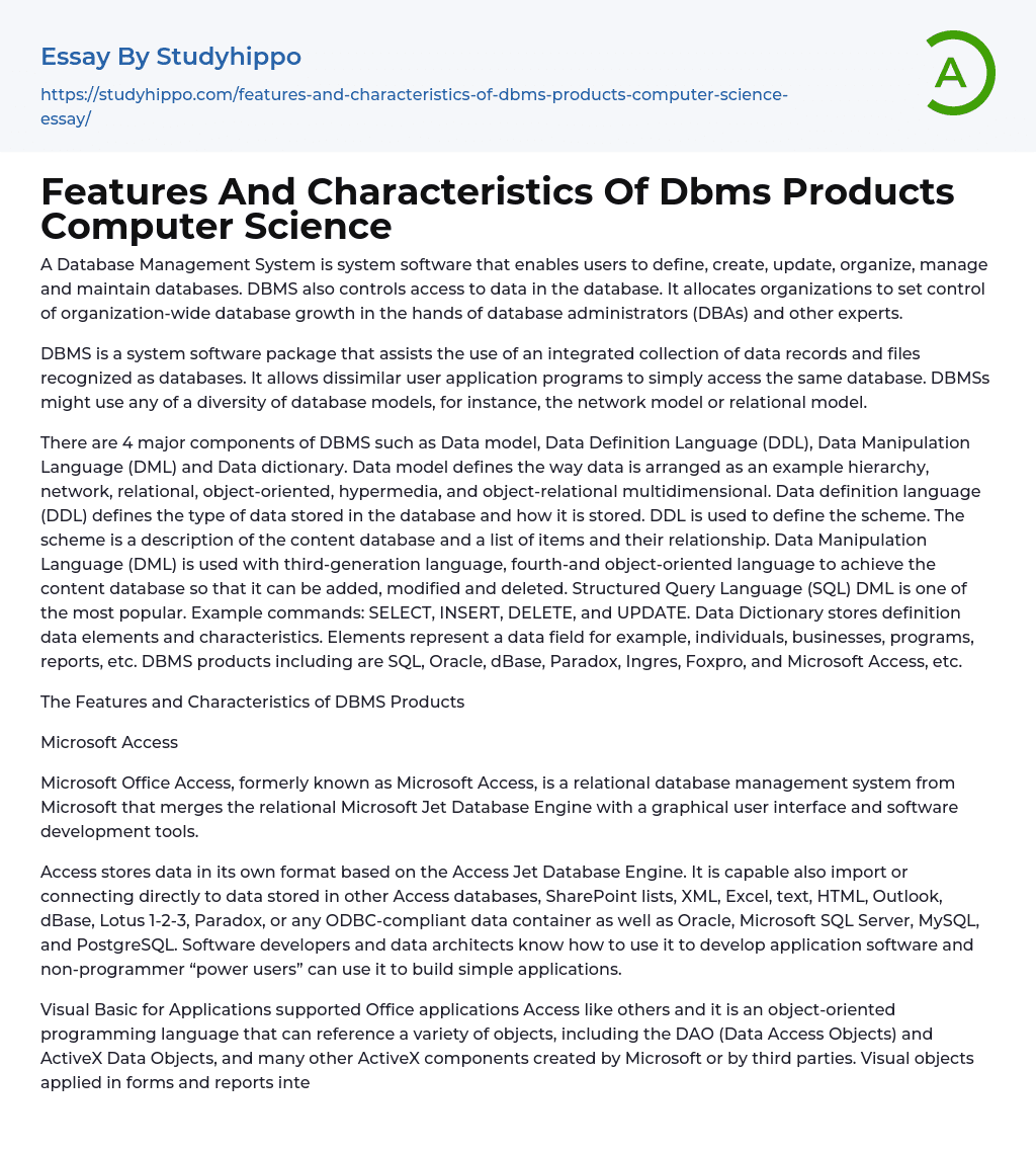 Features And Characteristics Of Dbms Products Computer Science Essay Example