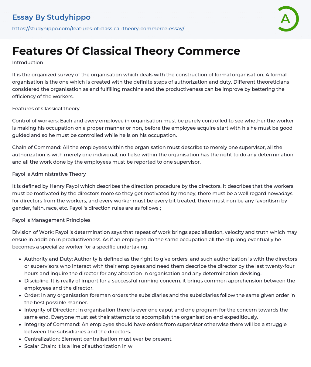 Features Of Classical Theory Commerce Essay Example
