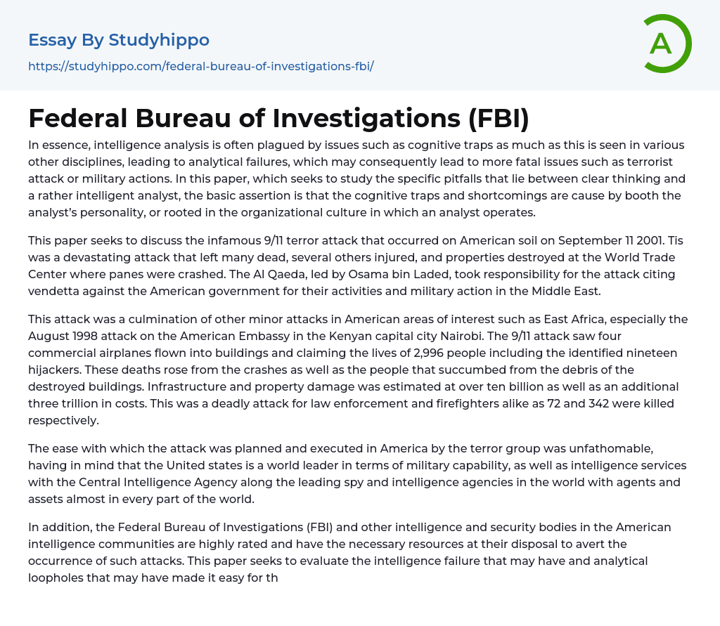 Federal Bureau of Investigations (FBI) Essay Example
