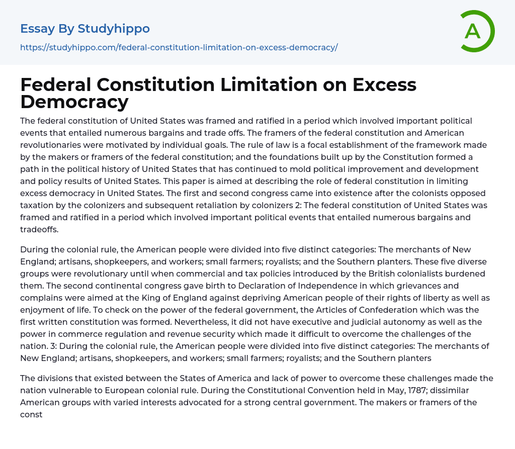 Federal Constitution Limitation on Excess Democracy Essay Example