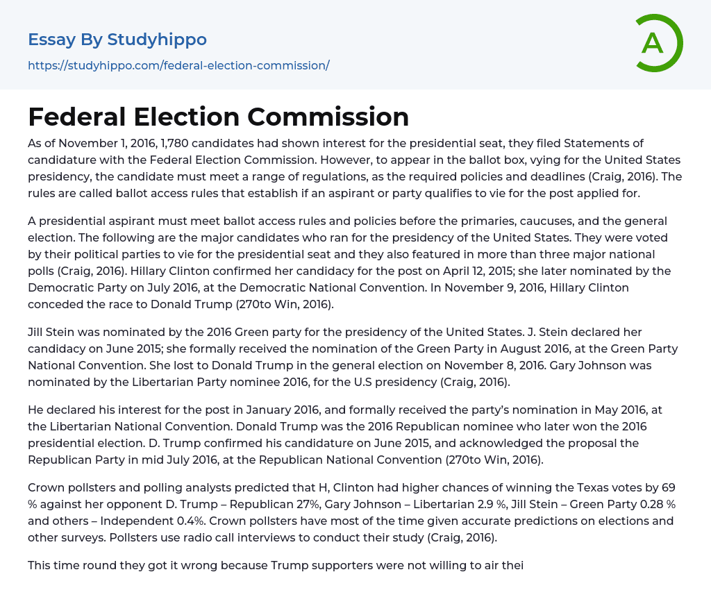 Federal Election Commission Essay Example