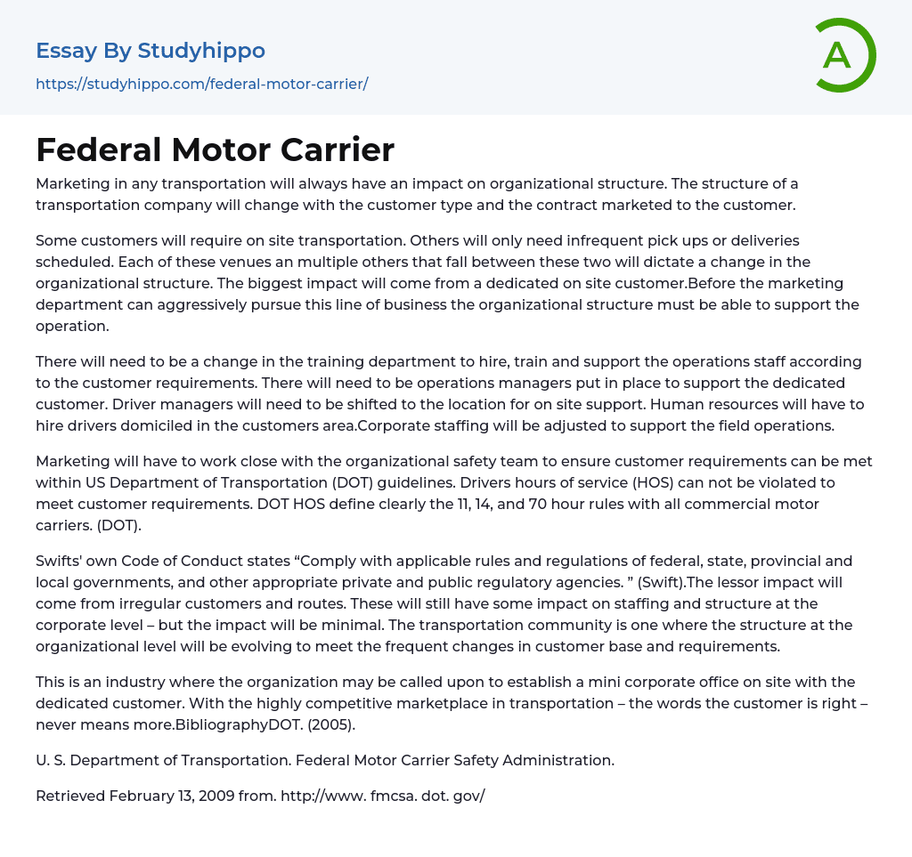 Federal Motor Carrier Essay Example