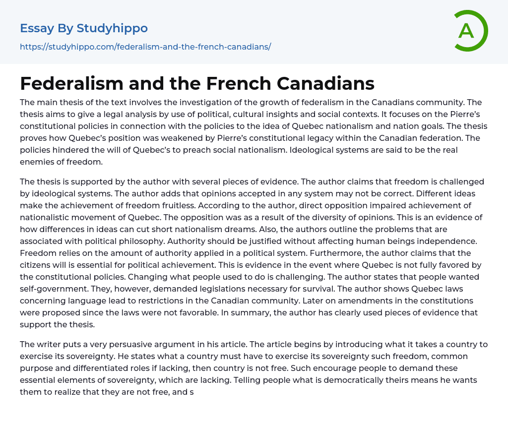 Federalism and the French Canadians Essay Example