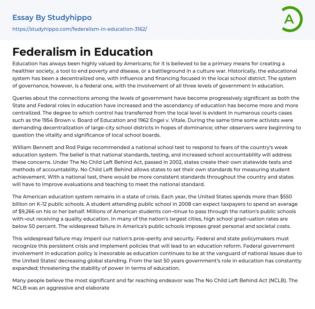 Federalism in Education Essay Example