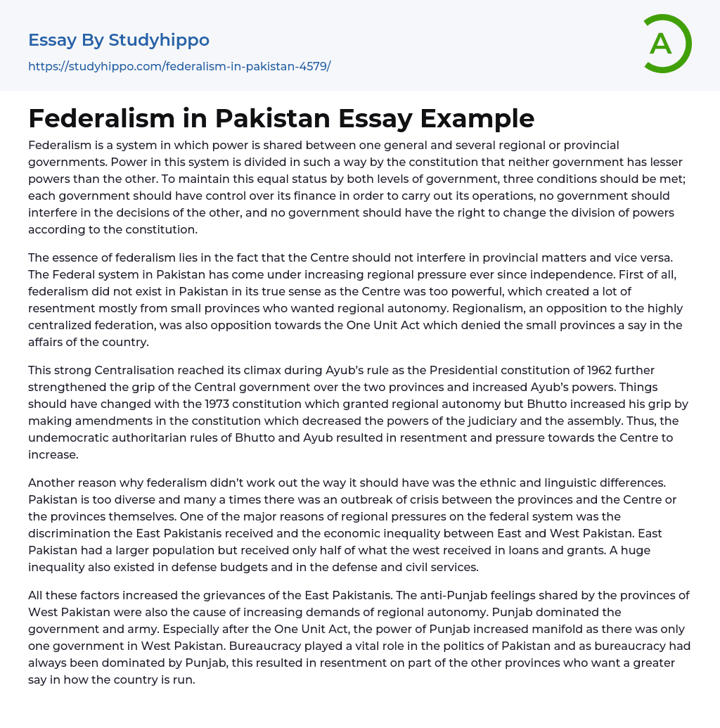 Federalism in Pakistan Essay Example
